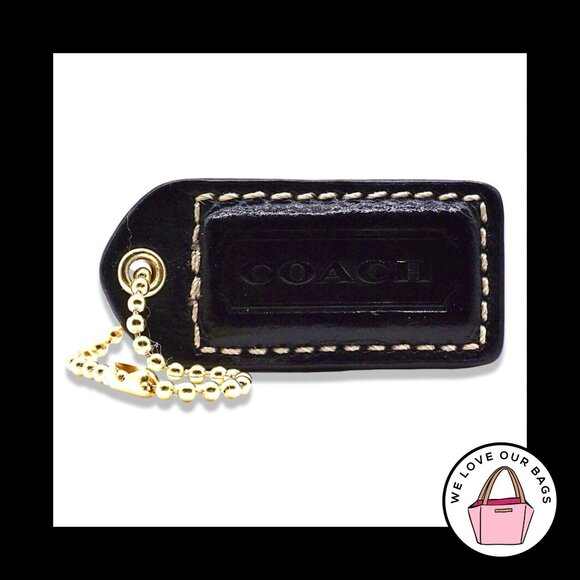 2" Y2K VINTAGE COACH Black Patent Leather Brass Fob Bag Charm Keychain Hang Tag - Picture 1 of 2